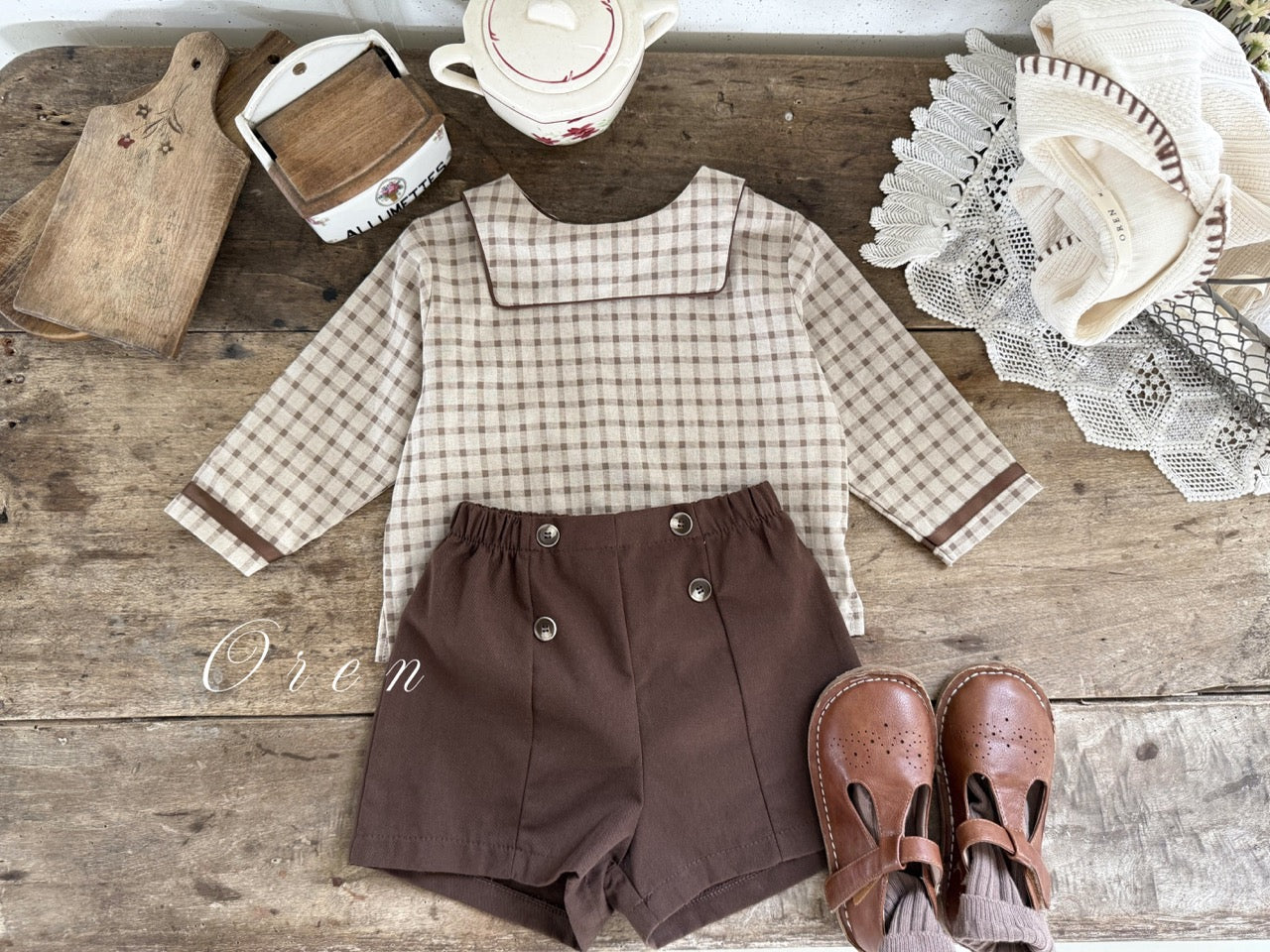 韓國童裝 25秋 | OR25313 Brunette mini check Collection - Top and Bottom Set