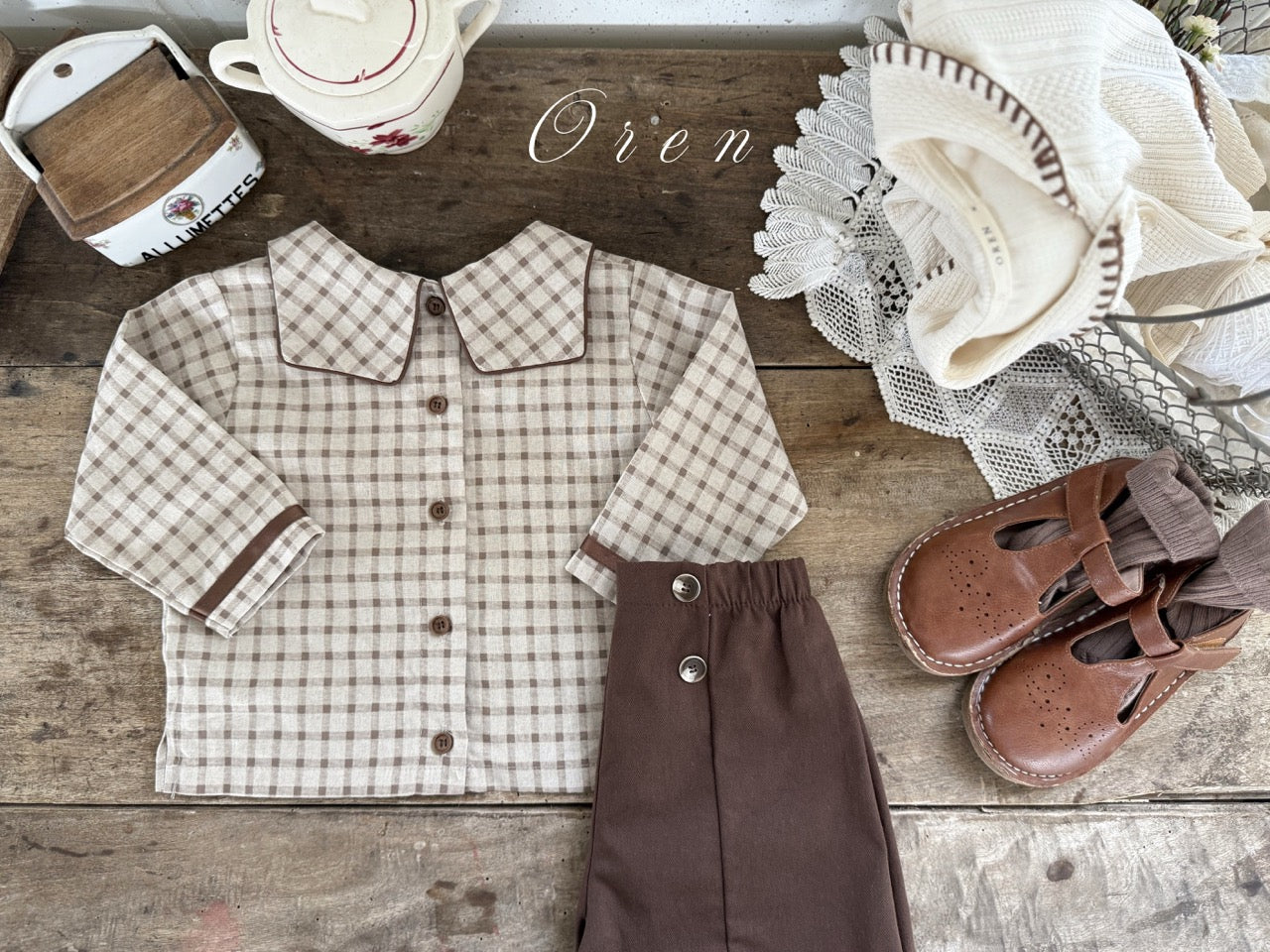 韓國童裝 25秋 | OR25313 Brunette mini check Collection - Top and Bottom Set