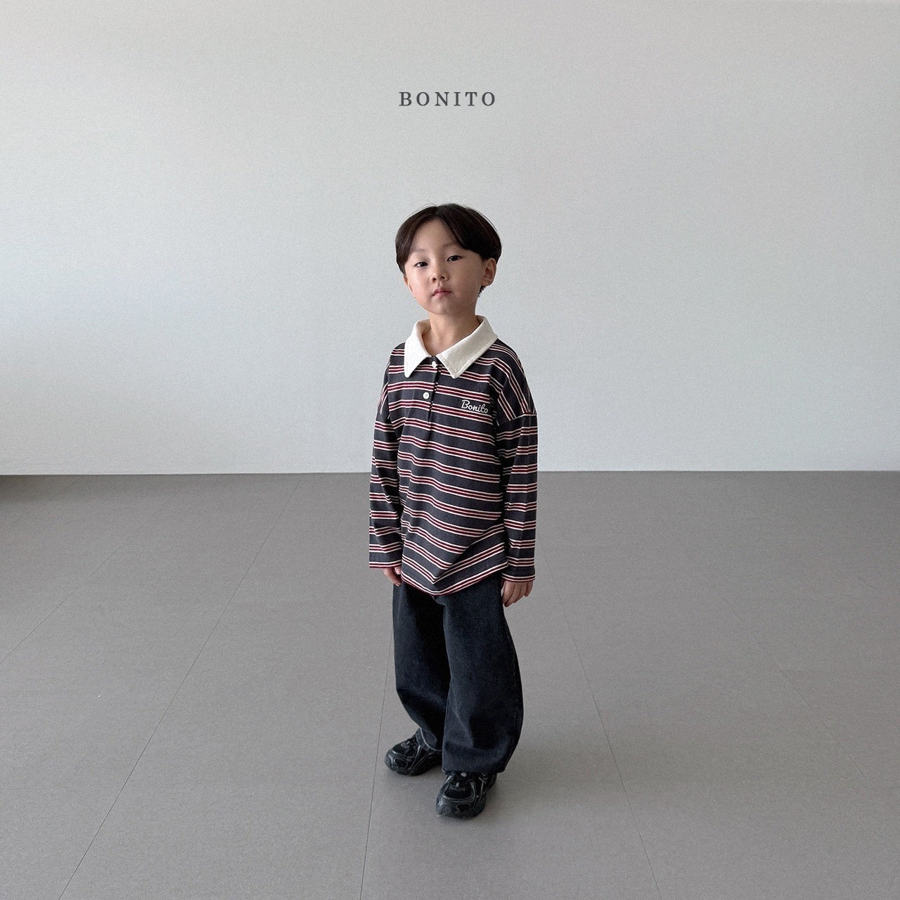 韓國童裝 25秋| BT25312 STRIPE COLLAR TEE (70-140CM)