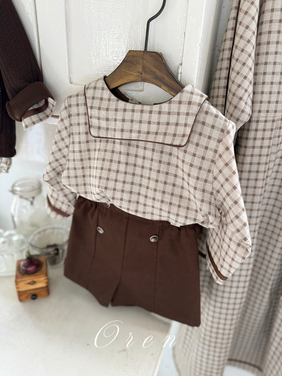韓國童裝 25秋 | OR25313 Brunette mini check Collection - Top and Bottom Set