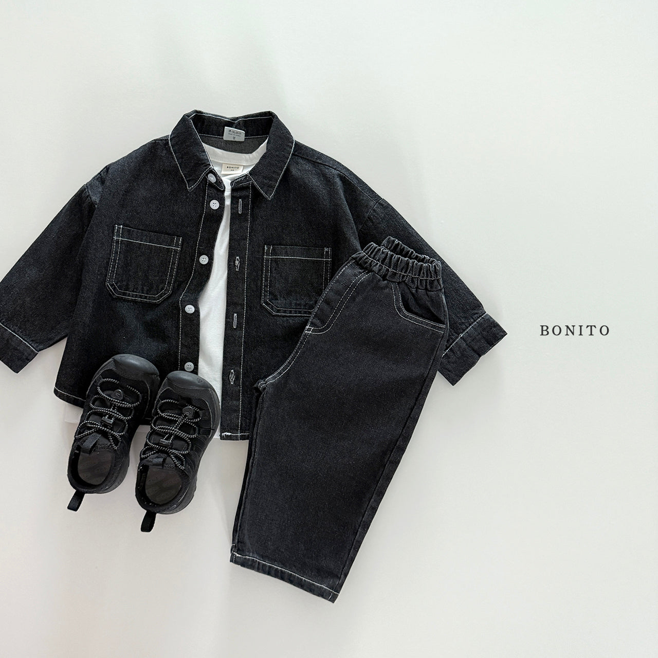 韓國童裝 25秋| BT25317 BLACK DENIM SHIRT (70-140CM)