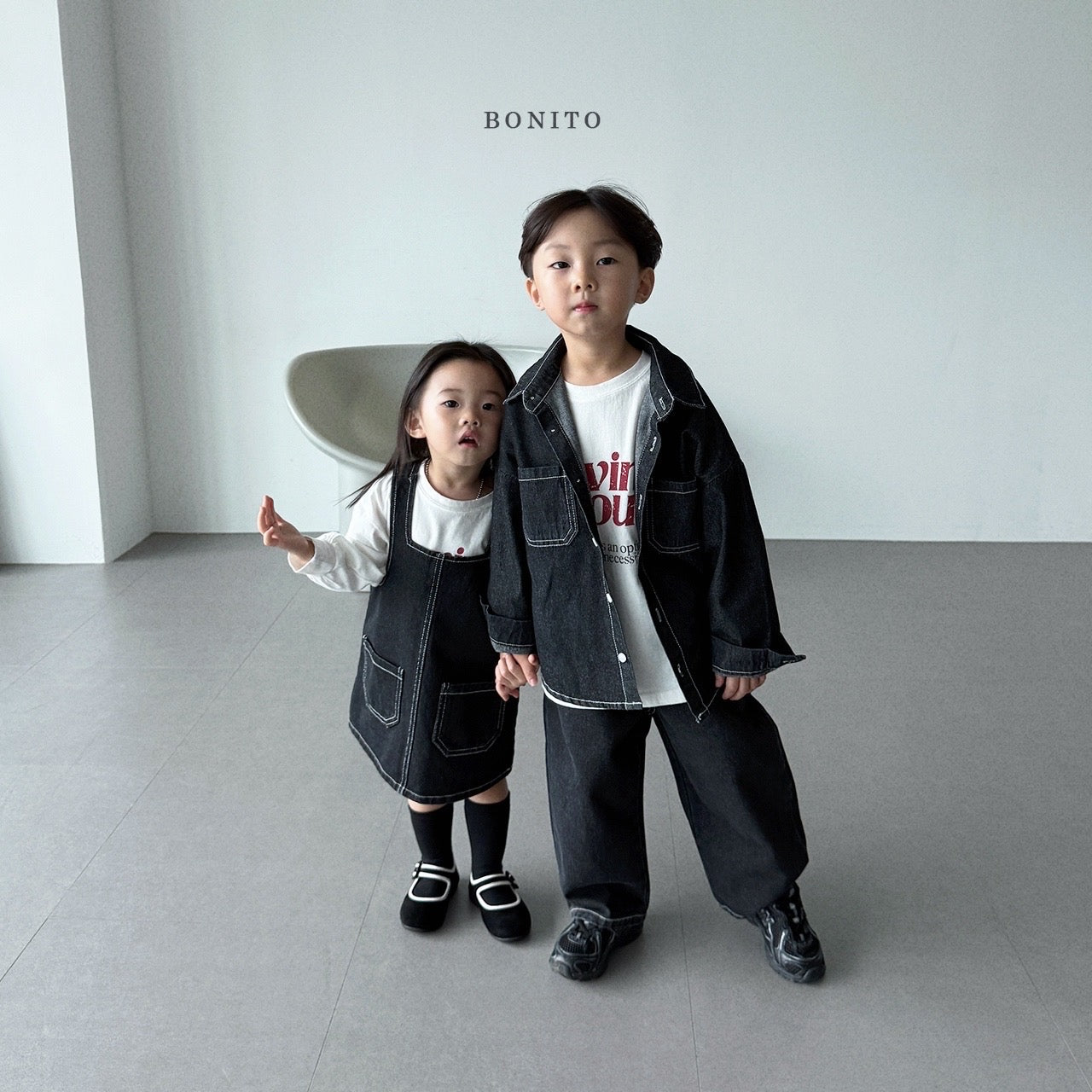 韓國童裝 25秋| BT25317 BLACK DENIM SHIRT (70-140CM)