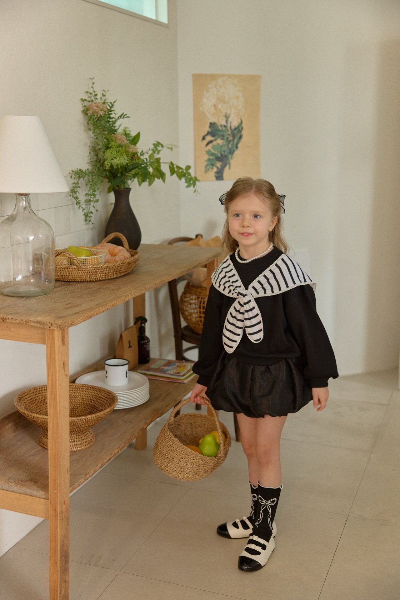 韓國童裝 26春 | BB26102 黑白條紋水手領上衣 | 花苞裙