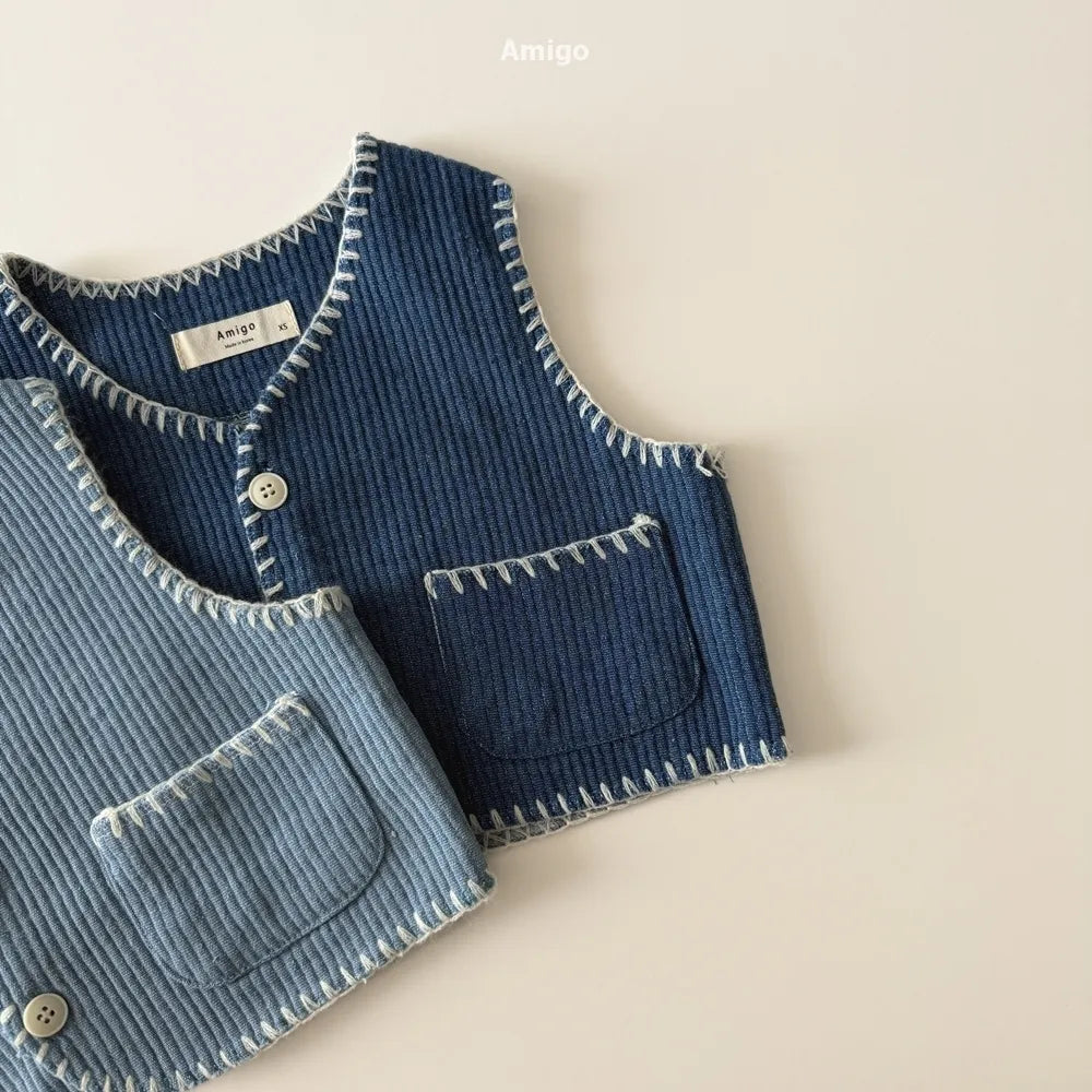 韓國童裝 26春 | AM26 羅紋縫邊排扣背心 Denim Vest (80~120cm)