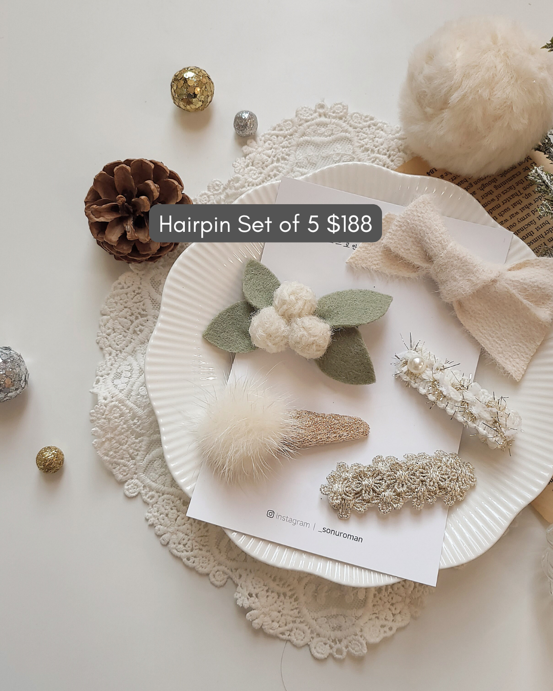 獨家限量預購/ 聖誕頭飾 Christmas Hairpin Set of 5 Snow (D)