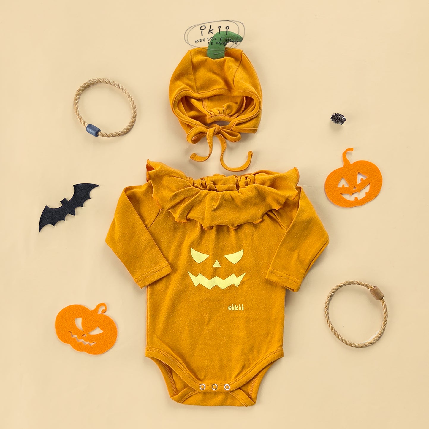 Halloween 2025新款 南瓜褶邊兩件套(連身衣+帽子)