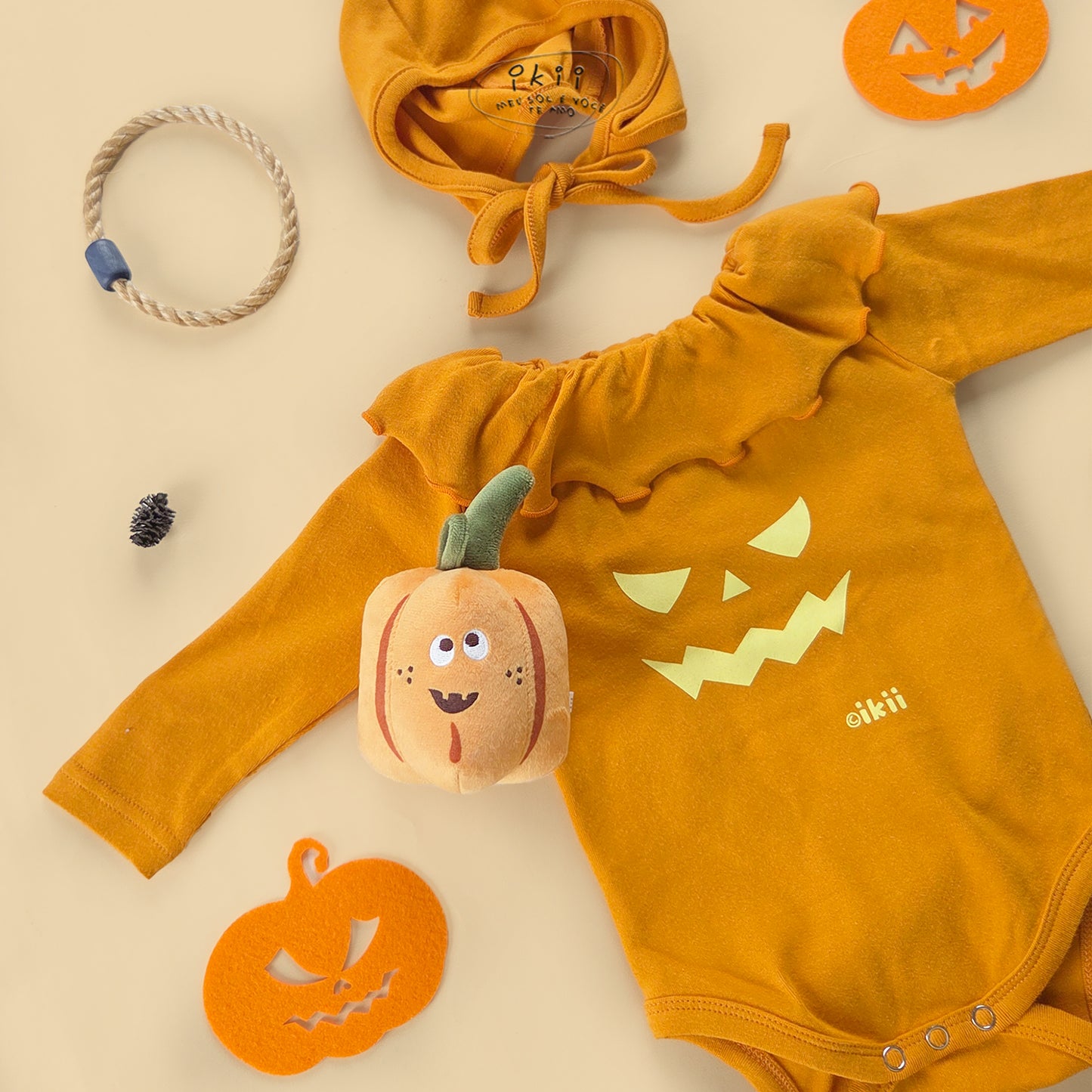 Halloween 2025新款 南瓜褶邊兩件套(連身衣+帽子)