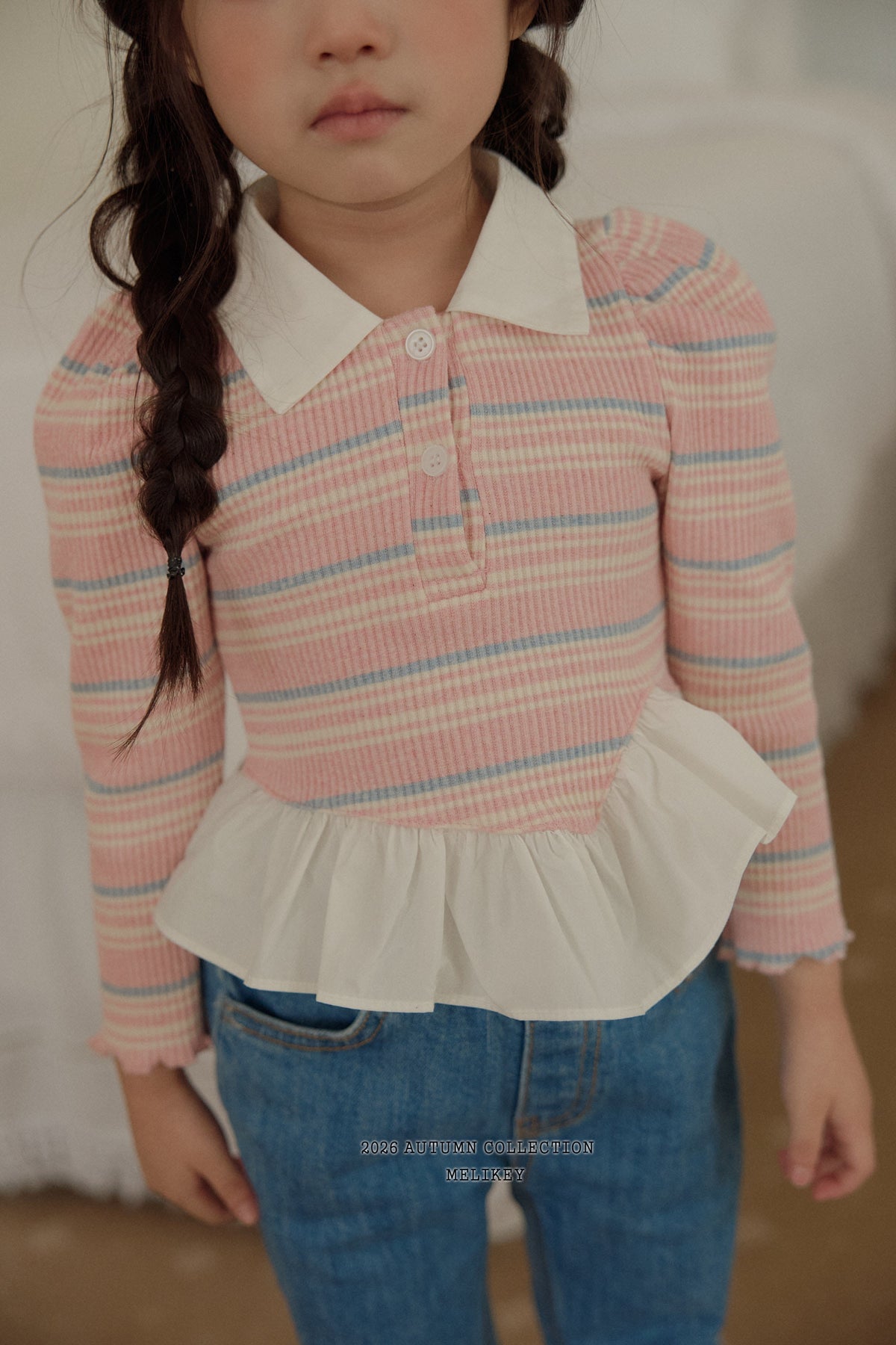 韓國童裝 26秋| ME17 Diagonal Frill Collar T-shirt 上衣 (80-140)