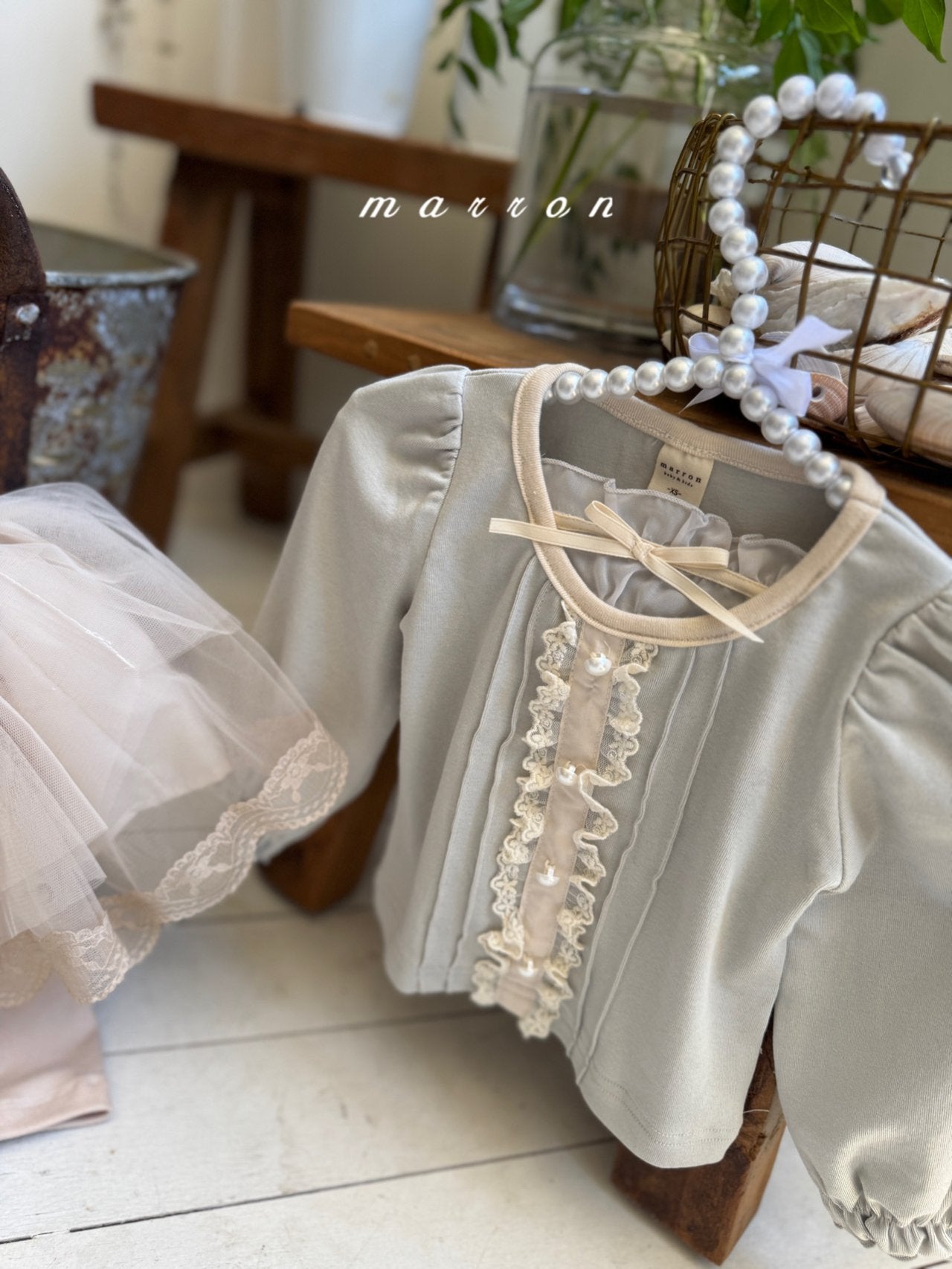 韓國童裝 25秋 | MA25340 Ribbon Lace Tee (Baby & Kids)