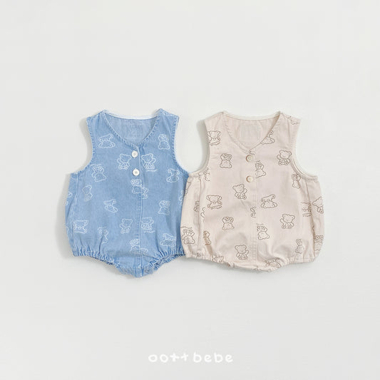 韓國童裝 26SS | OT48 Bear Print Soft Denim Baby Suit (55-75cm)