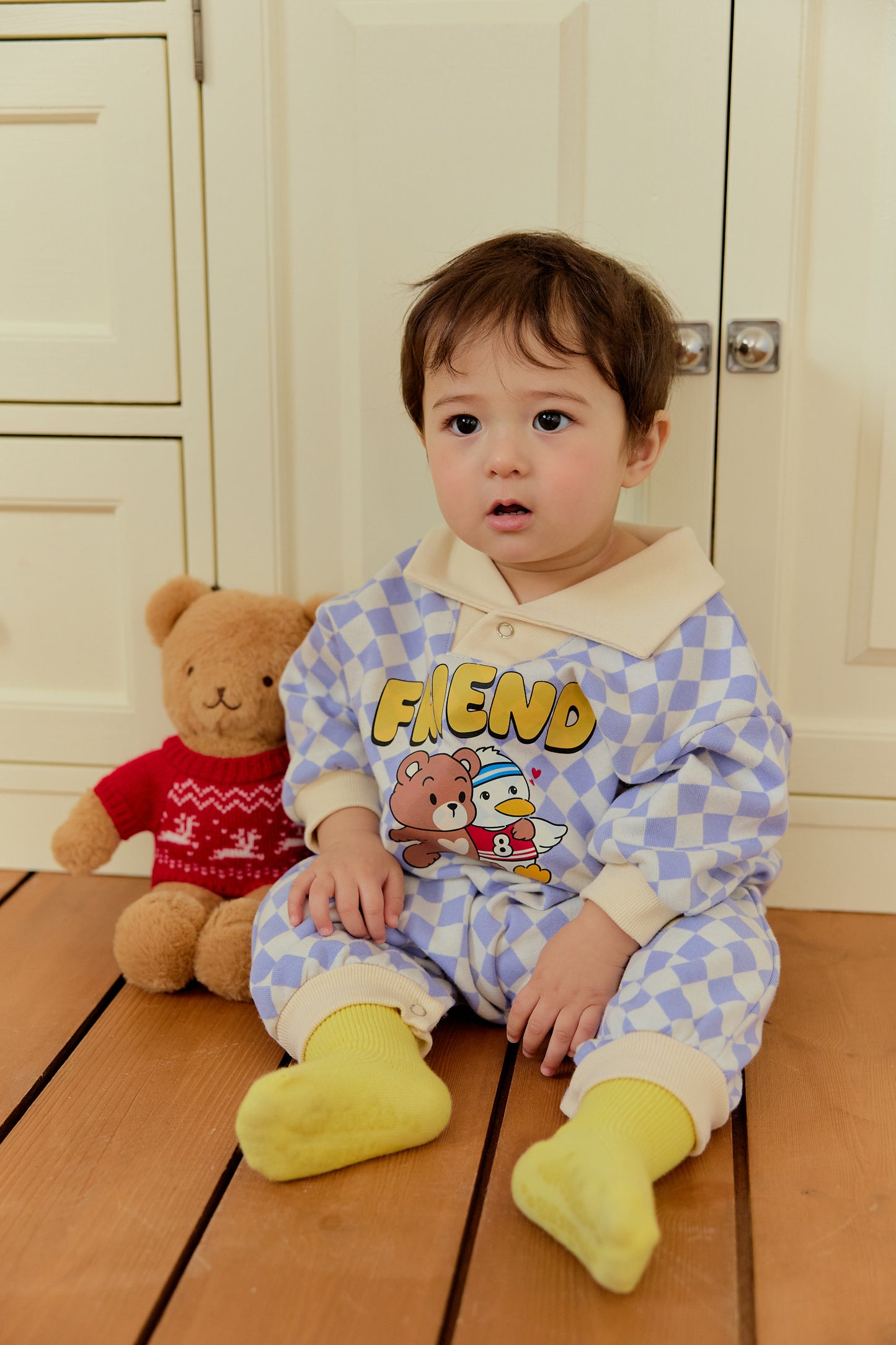 韓國童裝 26春 | SE05 格仔FRIEND連體衣套裝 (70~90cm)