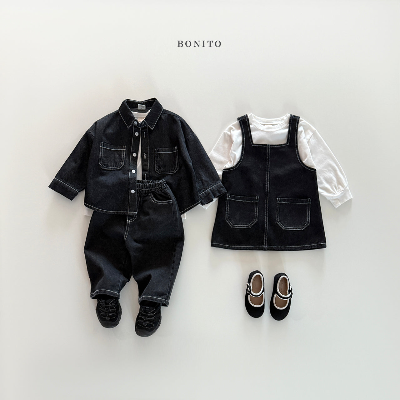 韓國童裝 25秋| BT25317  BLACK DENIM SHIRT (70-140CM)