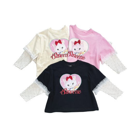 韓國童裝 26春 | SE22 假2件短袖愛心蕾絲T (90~130cm)