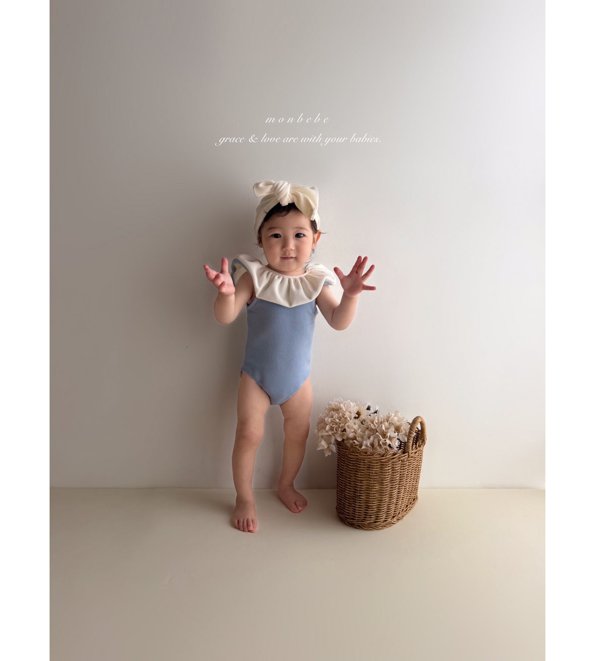 韓國童裝 Swimwear 2026新款 Monbebe 荷葉邊泳衣（泳帽套裝）