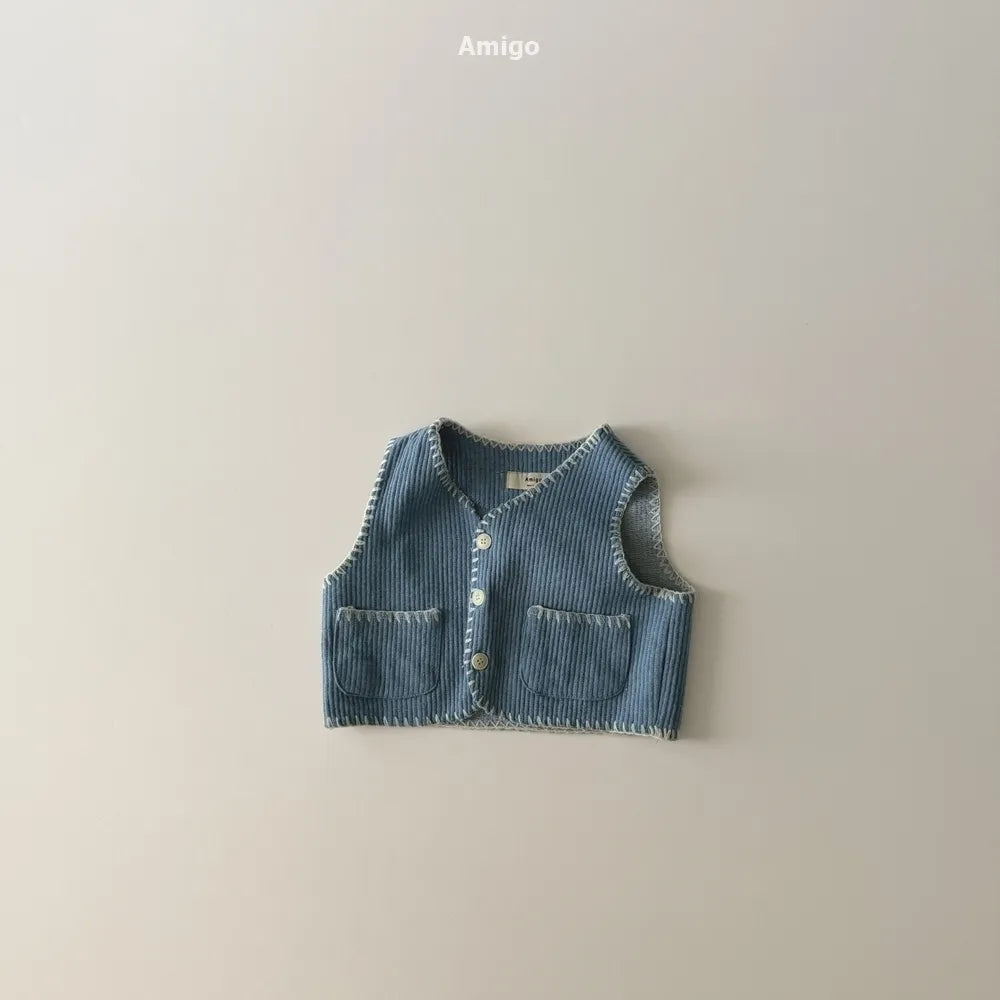 韓國童裝 26春 | AM26 羅紋縫邊排扣背心 Denim Vest (80~120cm)