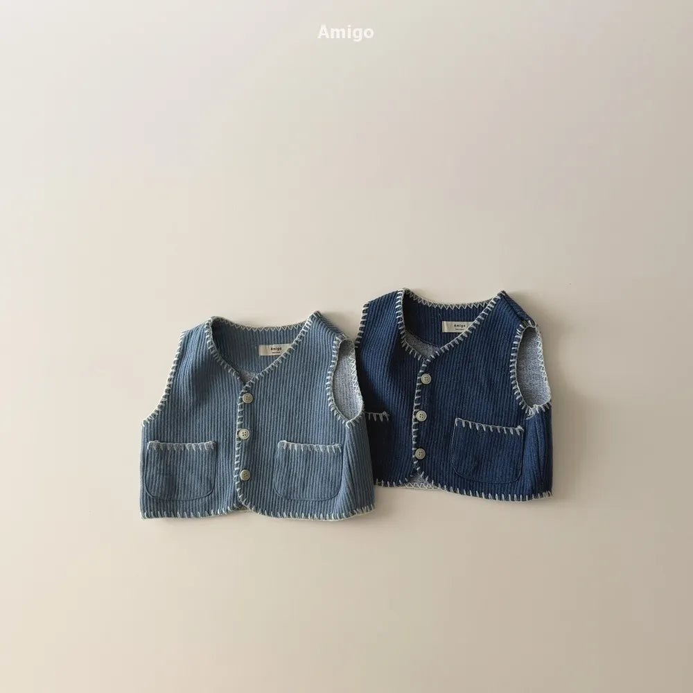 韓國童裝 26春 | AM26 羅紋縫邊排扣背心 Denim Vest (80~120cm)