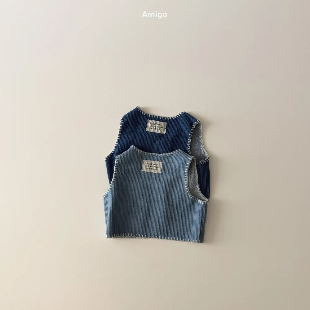 韓國童裝 26春 | AM26 羅紋縫邊排扣背心 Denim Vest (80~120cm)