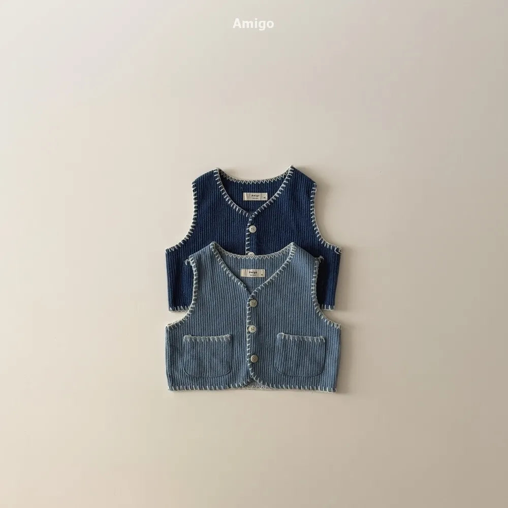 韓國童裝 26春 | AM26 羅紋縫邊排扣背心 Denim Vest (80~120cm)