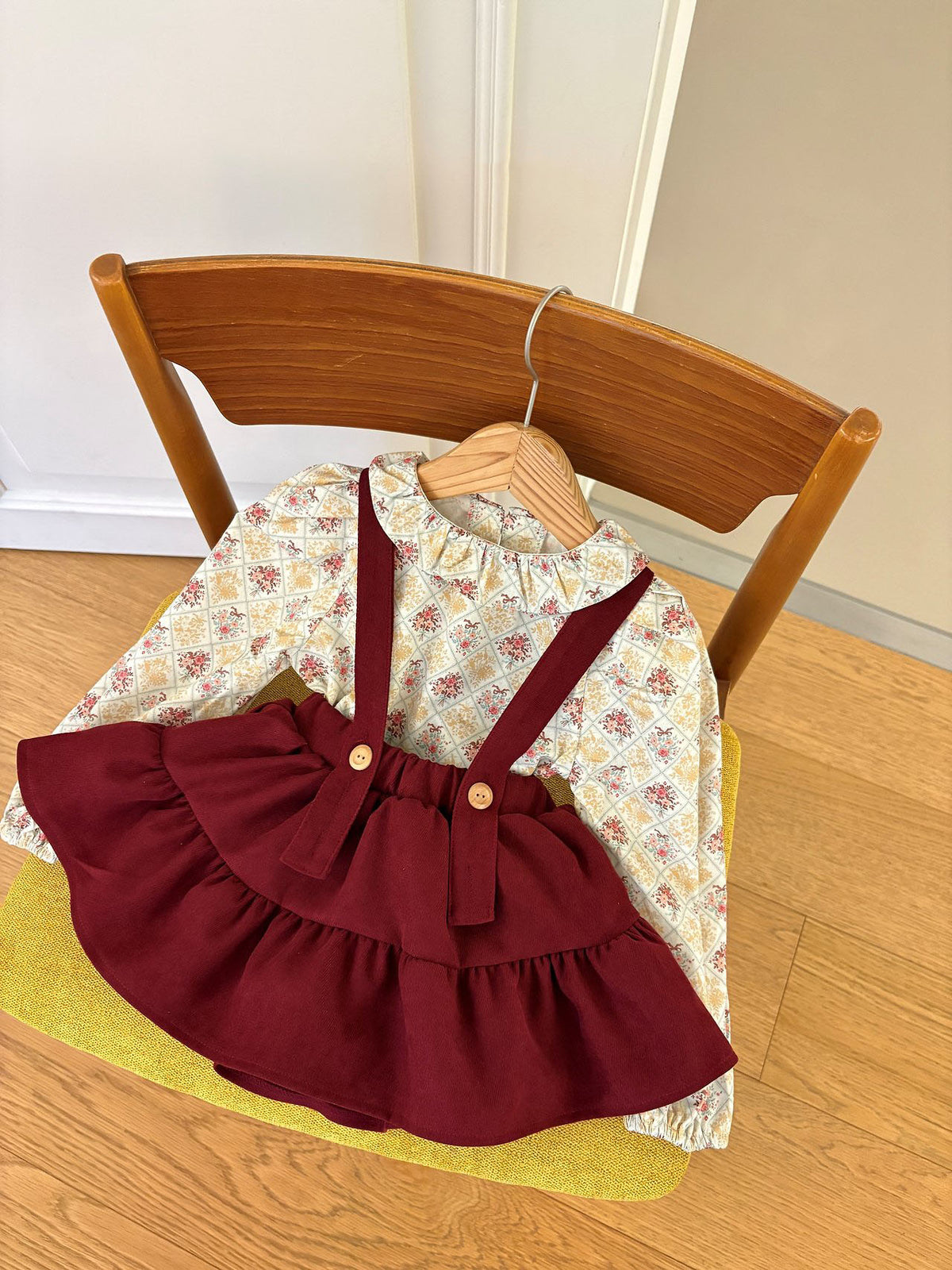 韓國童裝 26秋| OH02 雙層荷葉邊復古燈芯絨吊帶裙 Frill Shirring Skirt Pants 裙子