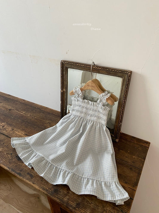 韓國童裝 26夏| AN05  Blue Check Ruffled Smocked Kids Dress