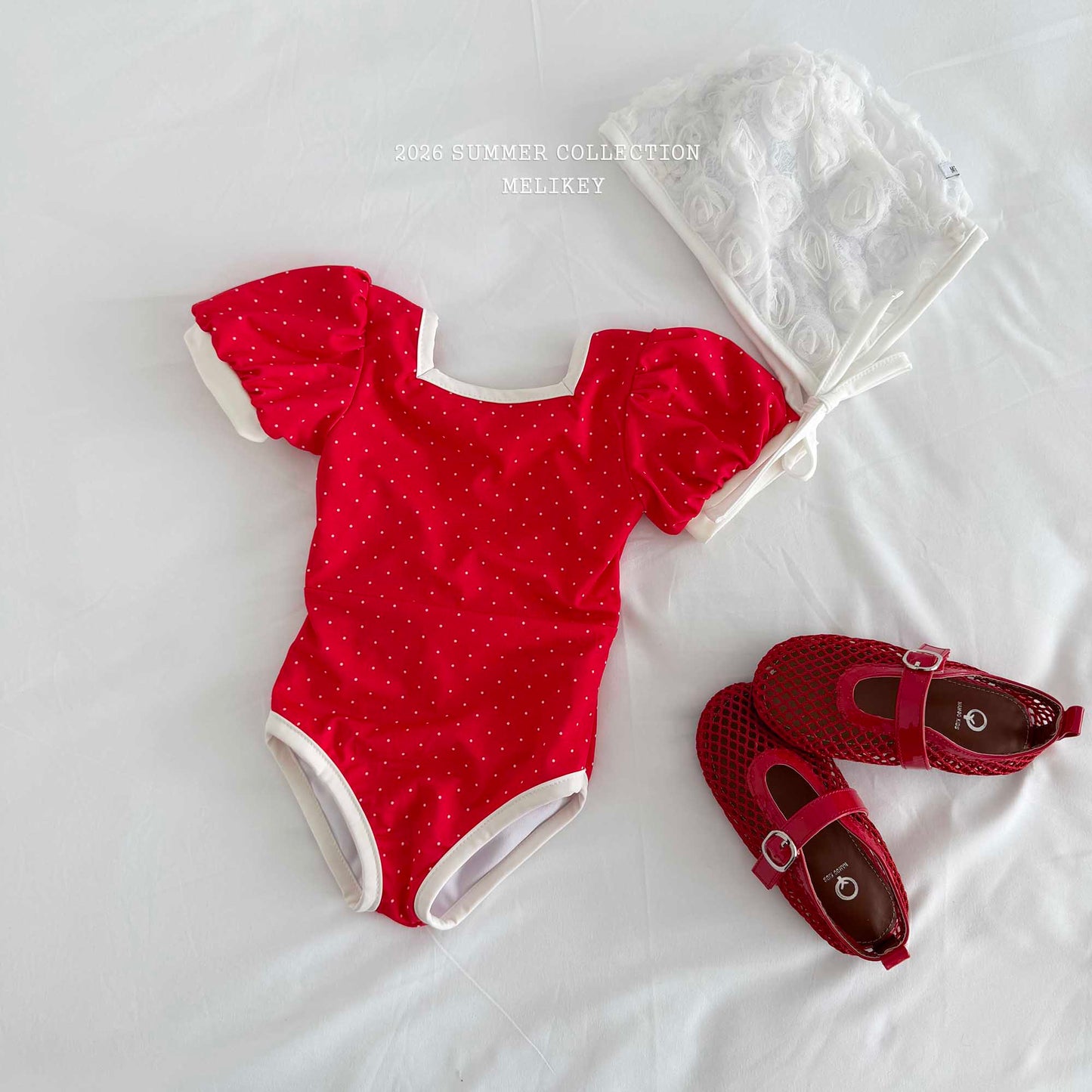 韓國童裝 26夏| ME61 Mini Dot Swimsuit (Red) 迷你波點連身泳裝 (紅) (90-130cm)
