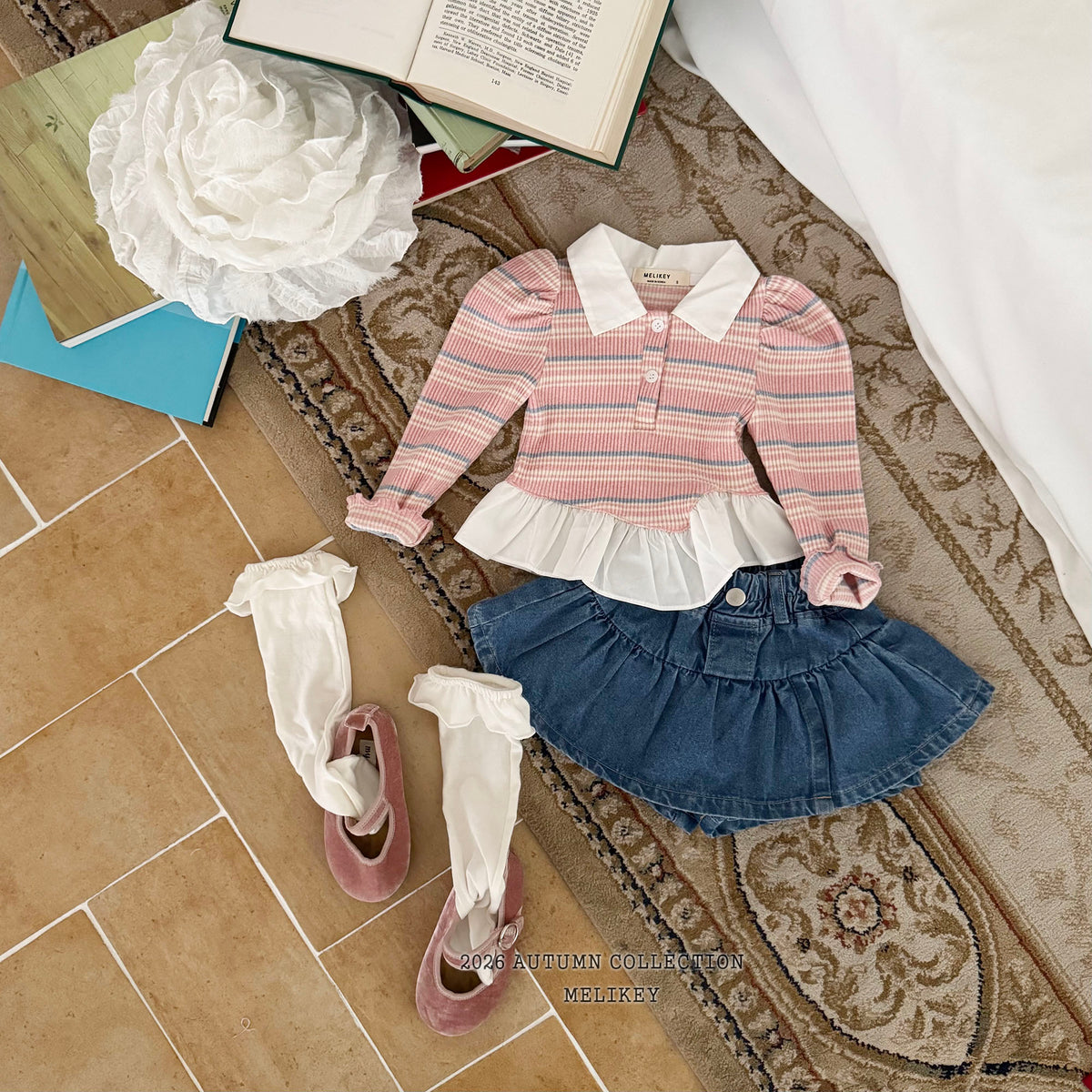韓國童裝 26秋| ME17 Diagonal Frill Collar T-shirt 上衣 (80-140)