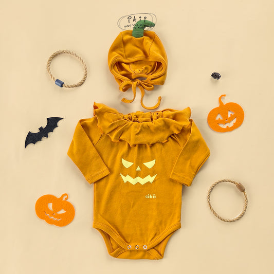 Halloween 2025新款 南瓜褶邊兩件套（連身衣+帽子）