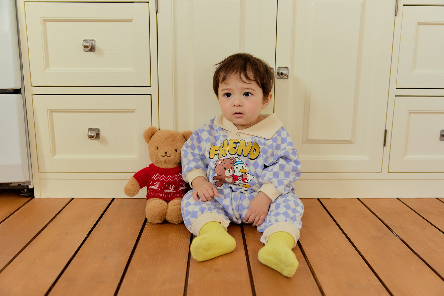 韓國童裝 26春 | SE05 格仔FRIEND連體衣套裝 (70~90cm)