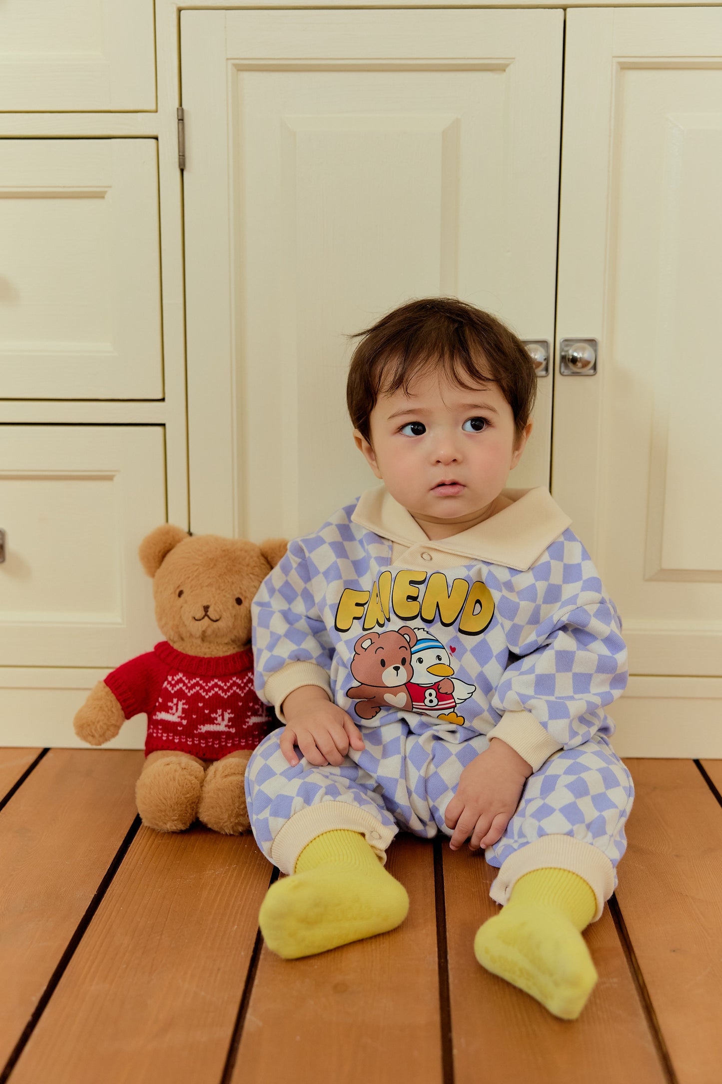 韓國童裝 26春 | SE05 格仔FRIEND連體衣套裝 (70~90cm)