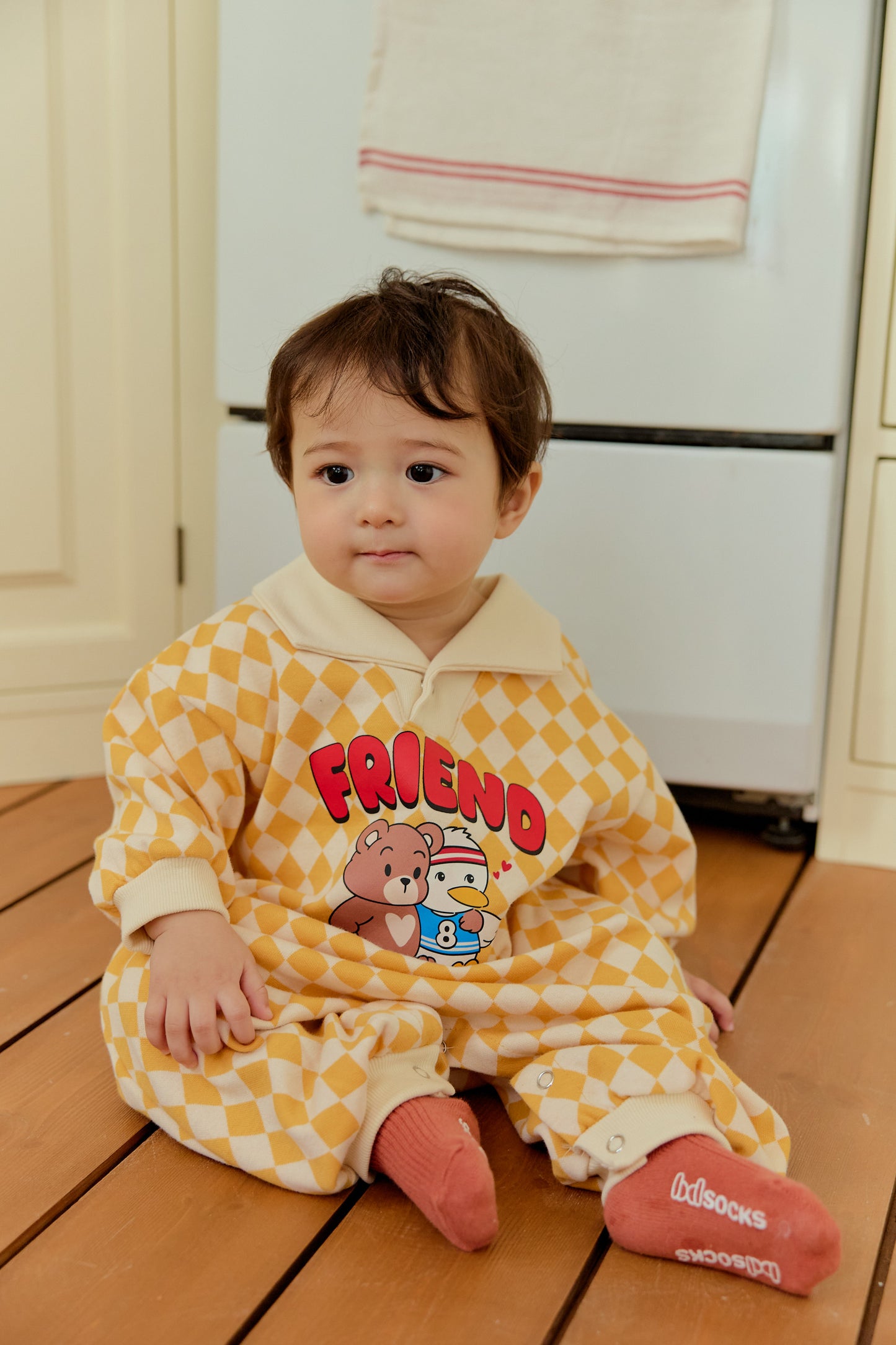 韓國童裝 26春 | SE05 格仔FRIEND連體衣套裝 (70~90cm)