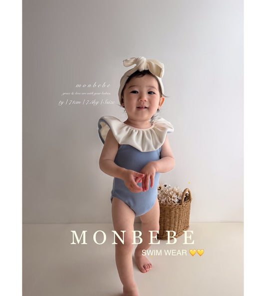 韓國童裝 Swimwear 2026新款 Monbebe 荷葉邊泳衣（泳帽套裝）